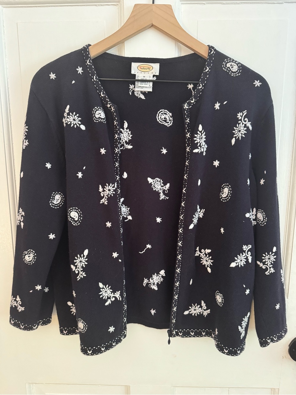 VTG Talbots Petite Embroidered Cotton Zip Front Cardigan Sweater Black White M